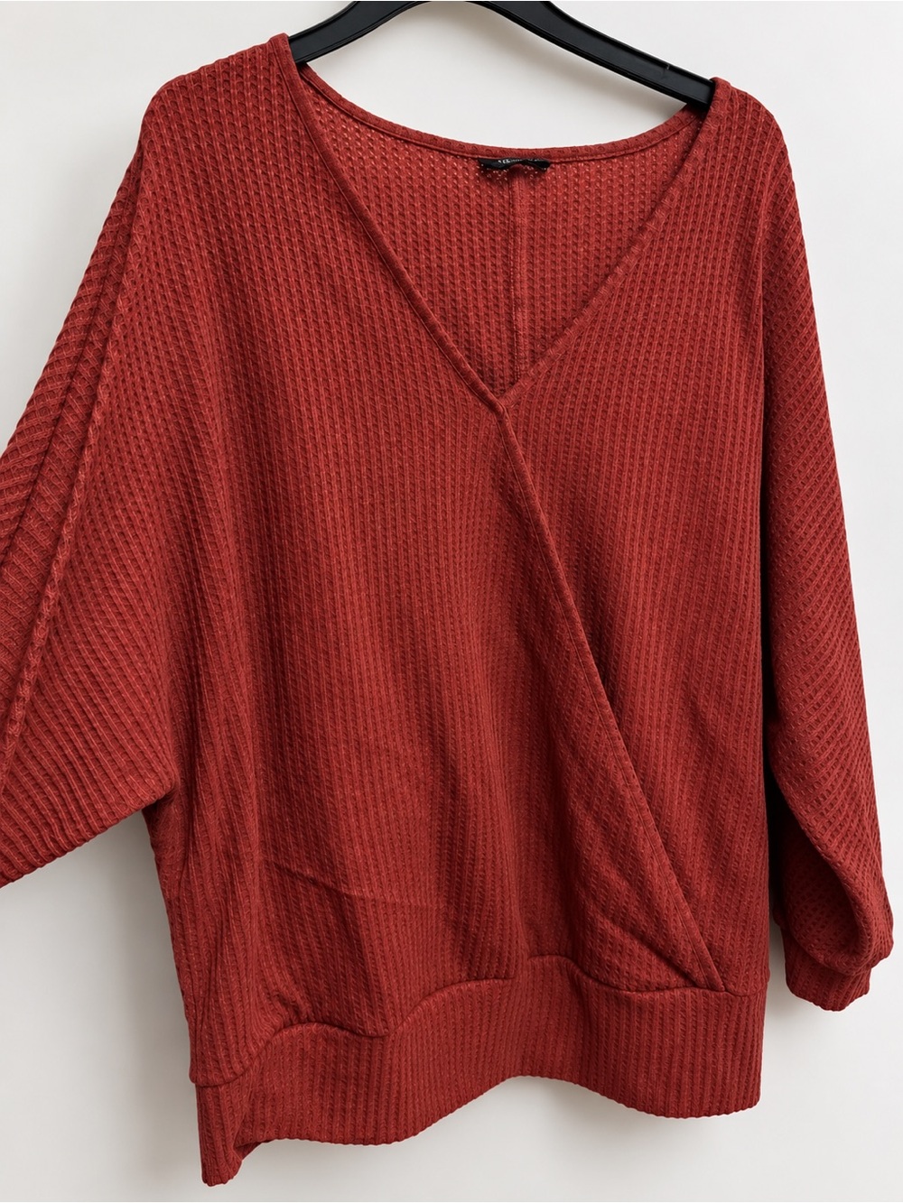 BloomChic 2X Burgundy Russet Wrap V-Neck Waffle Knit Long Sleeve Top